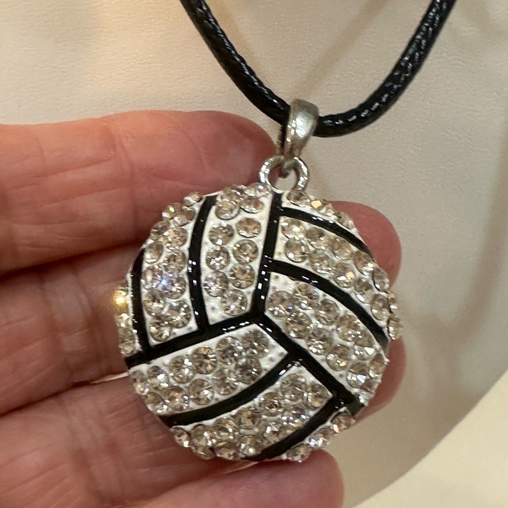 VOLLEYBALL - Black and Silver Tone Rhinestone Volleyball Pendant Necklace 16”L - Picture 3 of 4